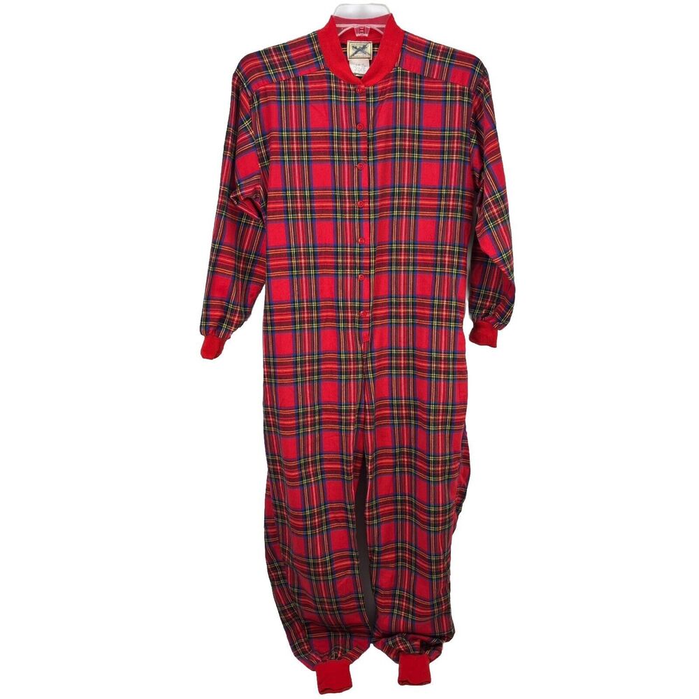 LL Bean X Lanz Collab Adult One Piece Pajamas Red Plaid Pockets Size Medium USA